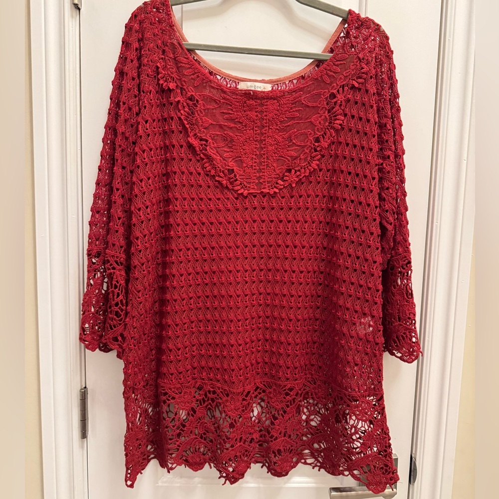 Umgee Crochet Knit Lace Cover Up Tunic 1X Deep Red Bell Sleeves Resortwear Beach